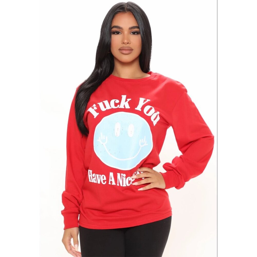 Fashion Nova F You Have A Nice Day Smiley Face Graphic Red Long Sleeve Top Sz S - Picture 4 of 7